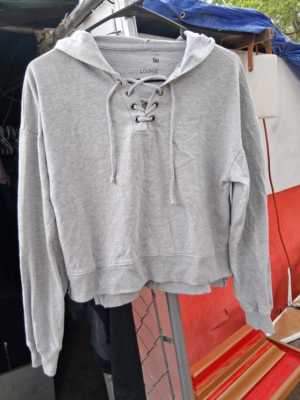 SO Light Gray Lace-Up V-Neck Hoodie Sweater